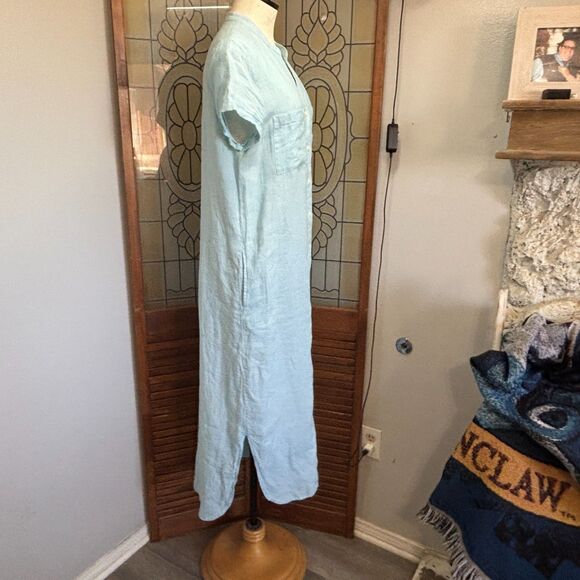 Pure Navy Linen Teal Button Down Midi Shirt Dress Pockets Beachy Coastal Size S - Picture 3 of 14